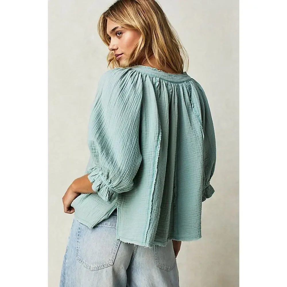 Free People We The Free Lucy Solid Aqua Cotton Swing Top New Small - Picture 2 of 13